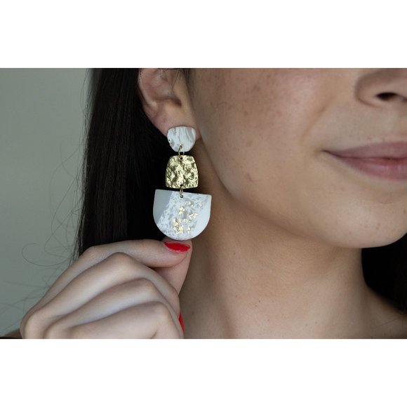 White + Gold Clay Earrings, Lightweight Earrings, Handmade Polymer Clay Earrings - Picture 2 of 5